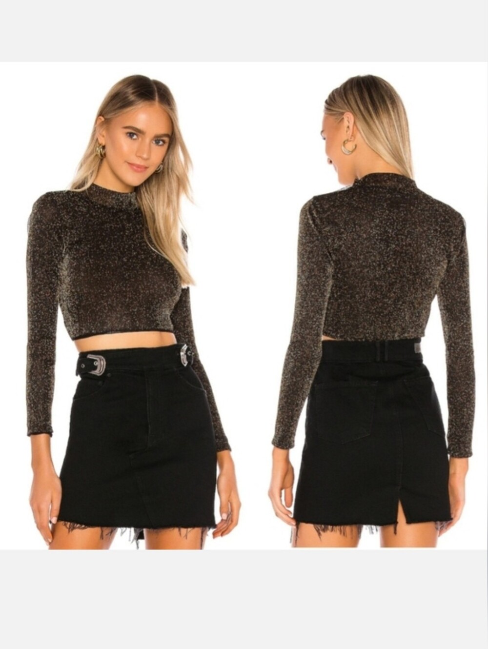 NEW! Lovers and Friends Shimmer Riya Mesh Long-Sleeve Top in Black-Gold Size M